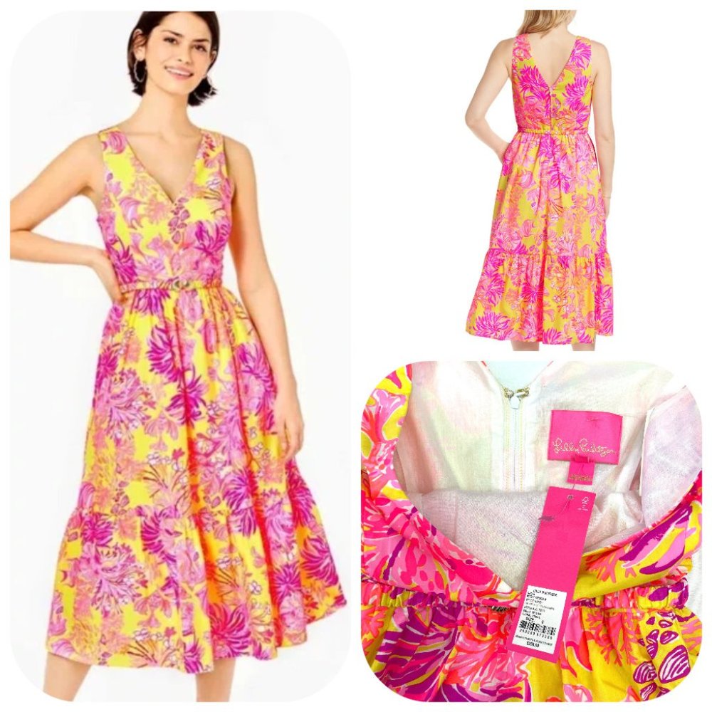 NWT Bri Cotton Midi Dress Calla Yellow Coral Floral Dress S